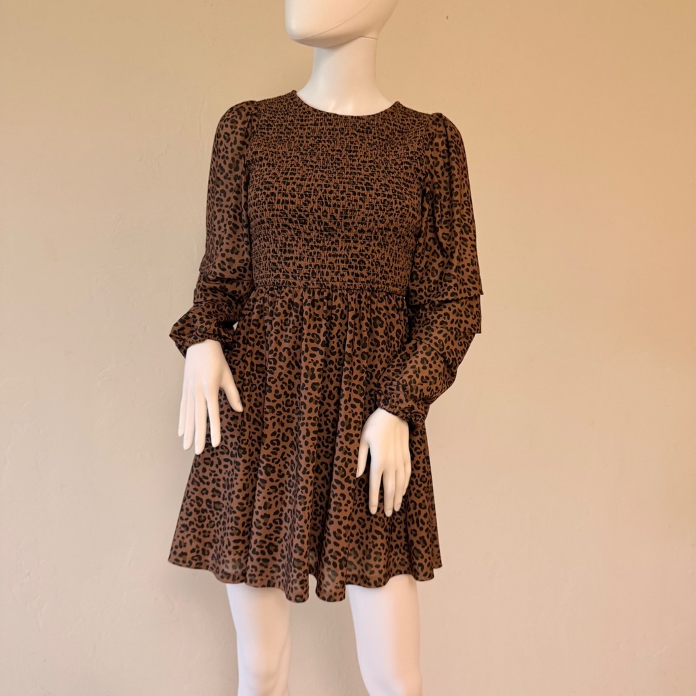 American Eagle Womens Leopard Print Smocked Mini Dress Brown Long Sleeve Size XS